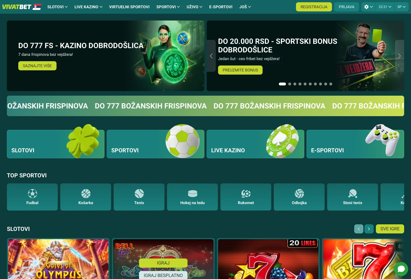 Izgled srpske platforme VivatBet sa slotovima i sportskom ponudom